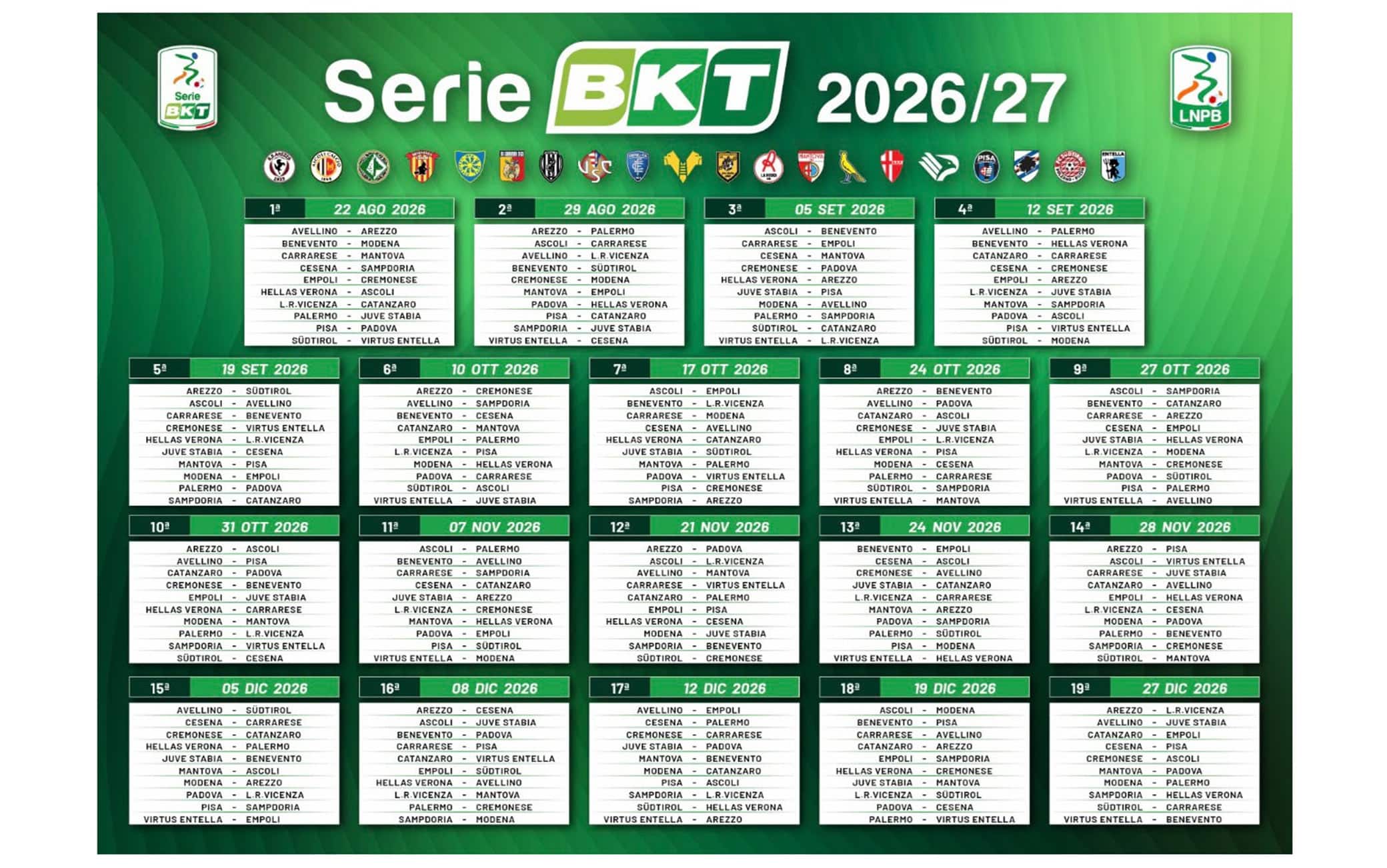 Calendario Serie B, giornate e partite del campionato 2026/2027