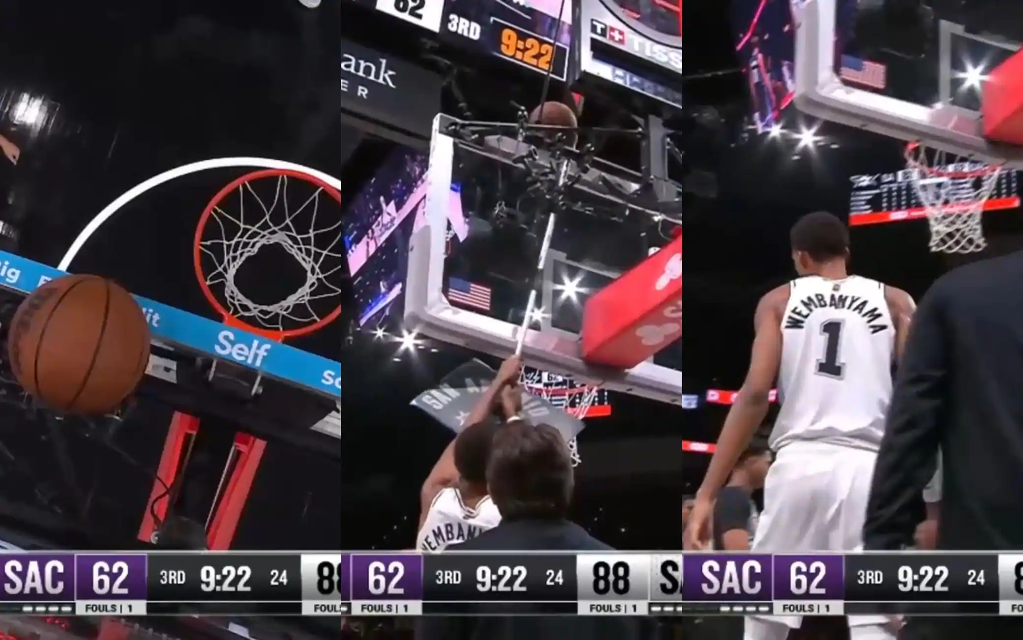NBA, la palla si incastra sopra il canestro: l'arbitro chiede aiuto a Wembanyama. VIDEO