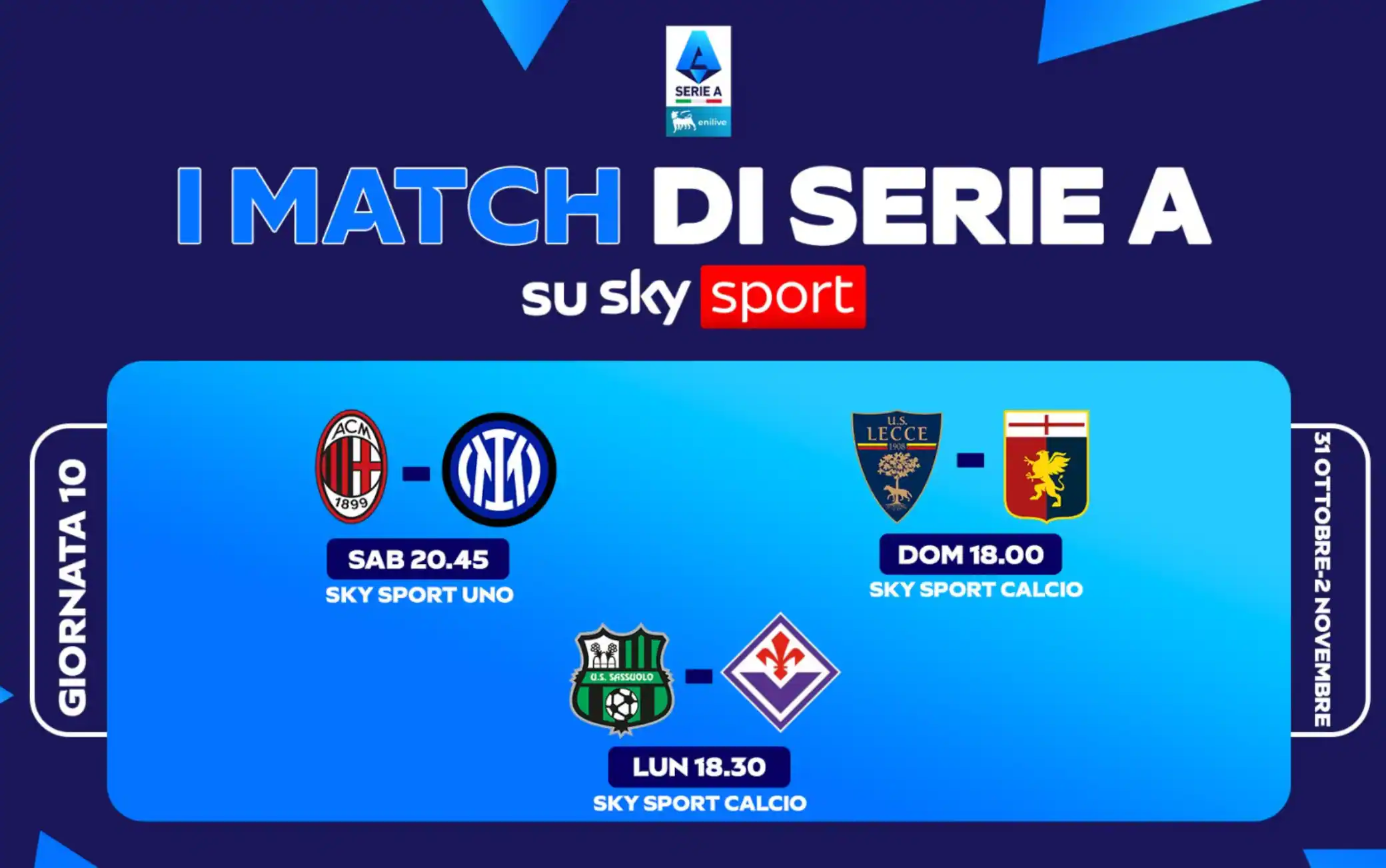 Calendario Serie A, le partite e gli orari della 10^ giornata