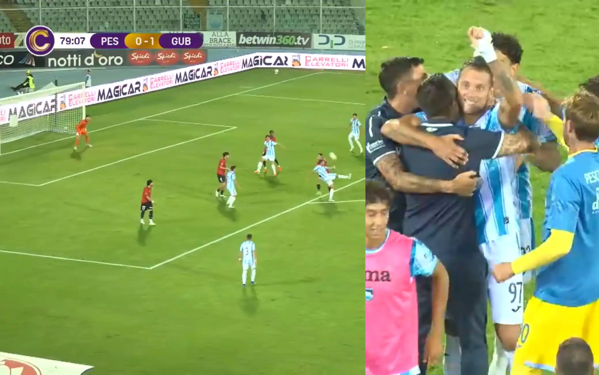 Pescara-Gubbio, eurogol di Parigi: la girata al volo è un capolavoro. VIDEO