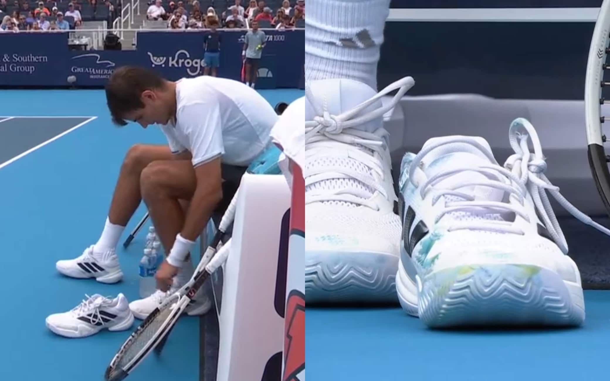 Jodar cambia le scarpe per un laccio rotto nel match contro Cobolli. VIDEO